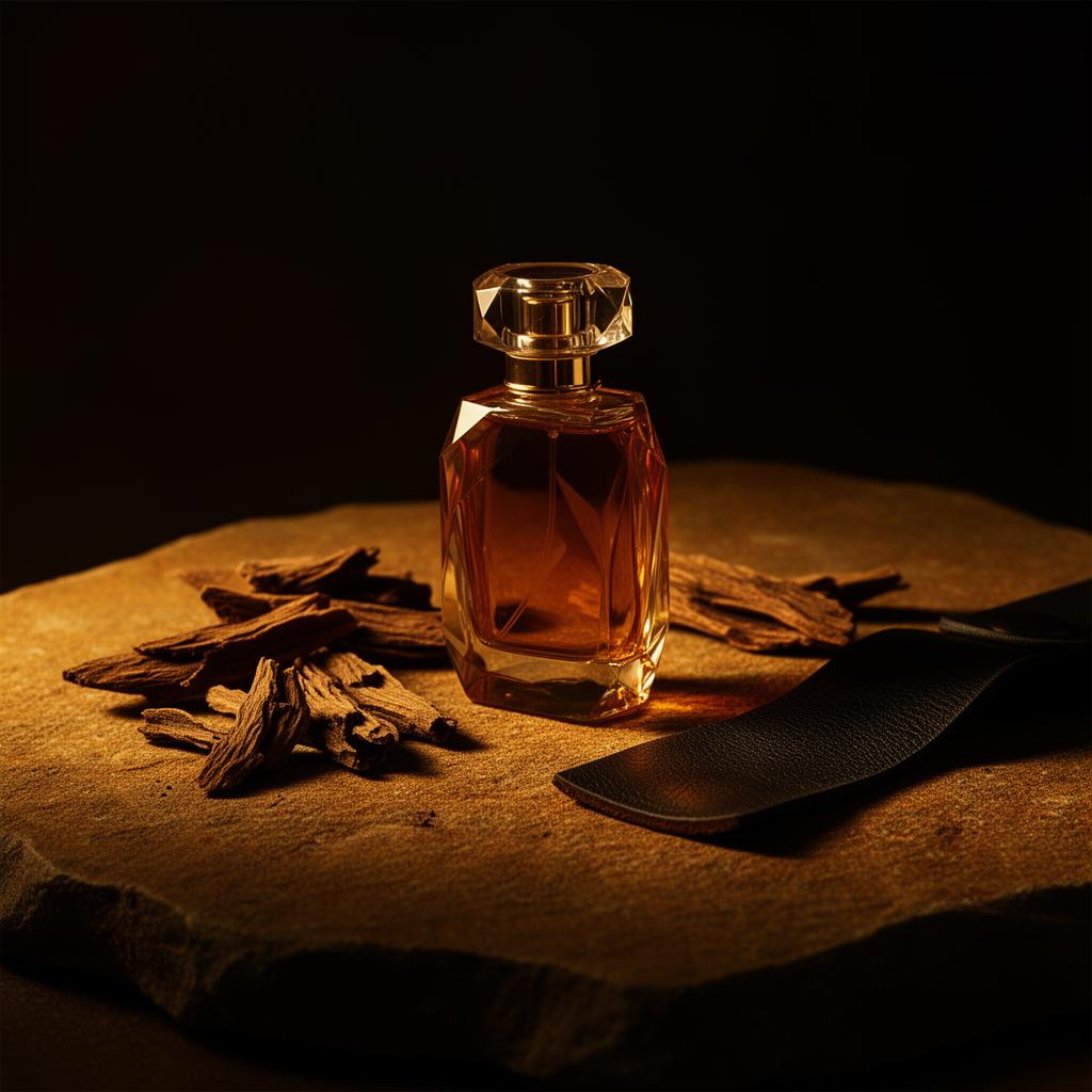 Amber glass perfume bottle on warm stone with oud chips and leather